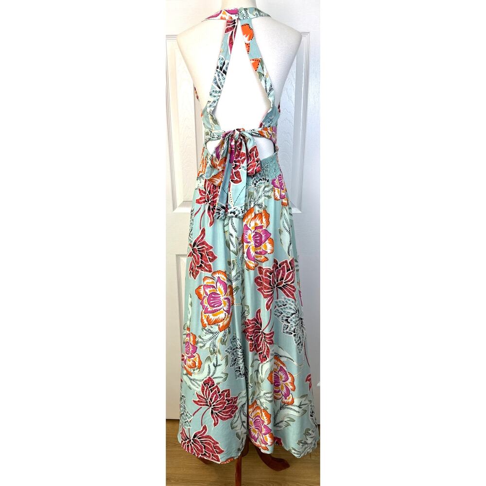 Jaase Blue Floral Halter Maxi Dress M Open Back Boho Wedding Guest Rayon - Picture 5 of 8